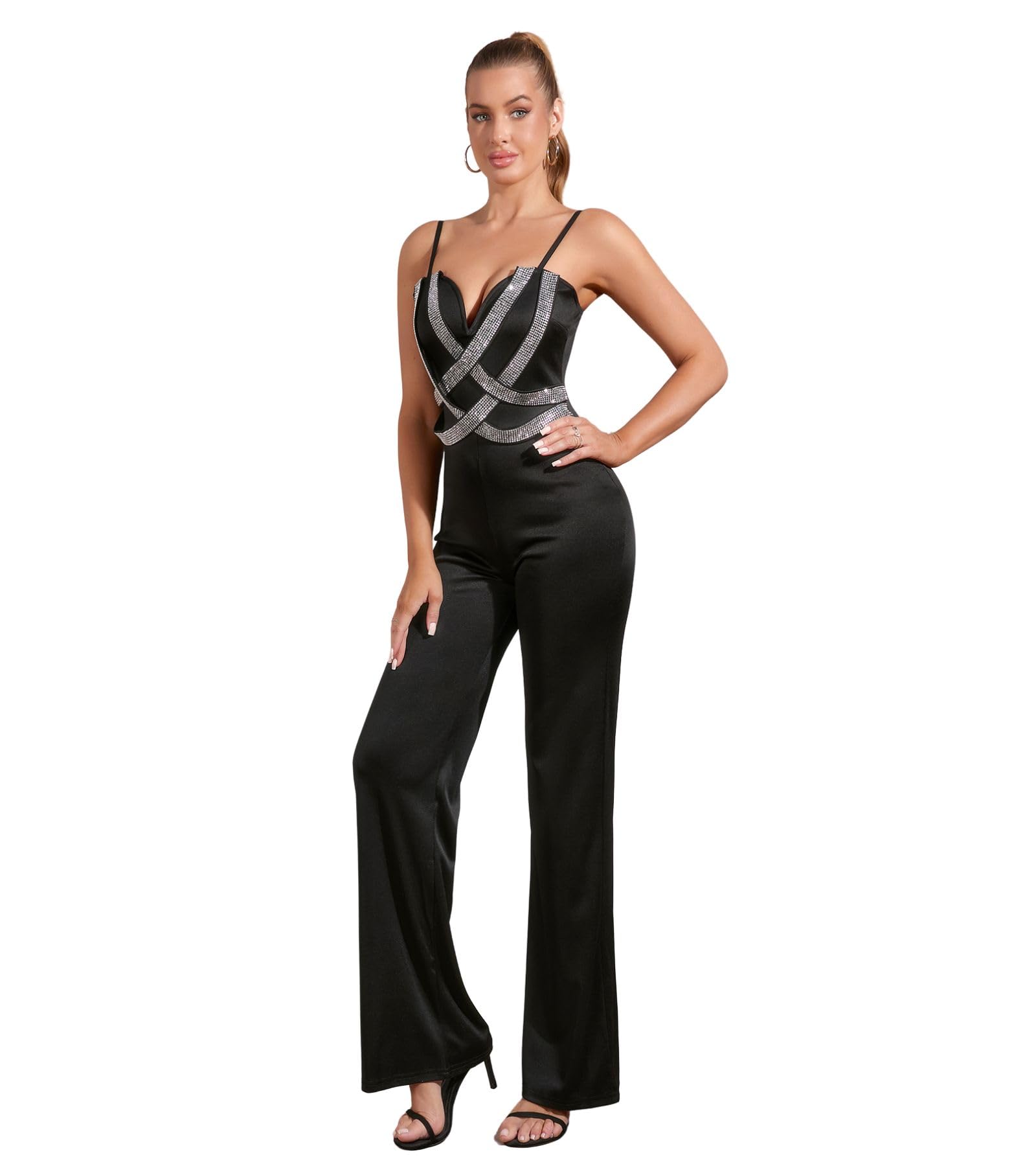 PORRCEY Sexy Rhinestone Jumpsuit for Women Mesh See Through Romper Clubwear