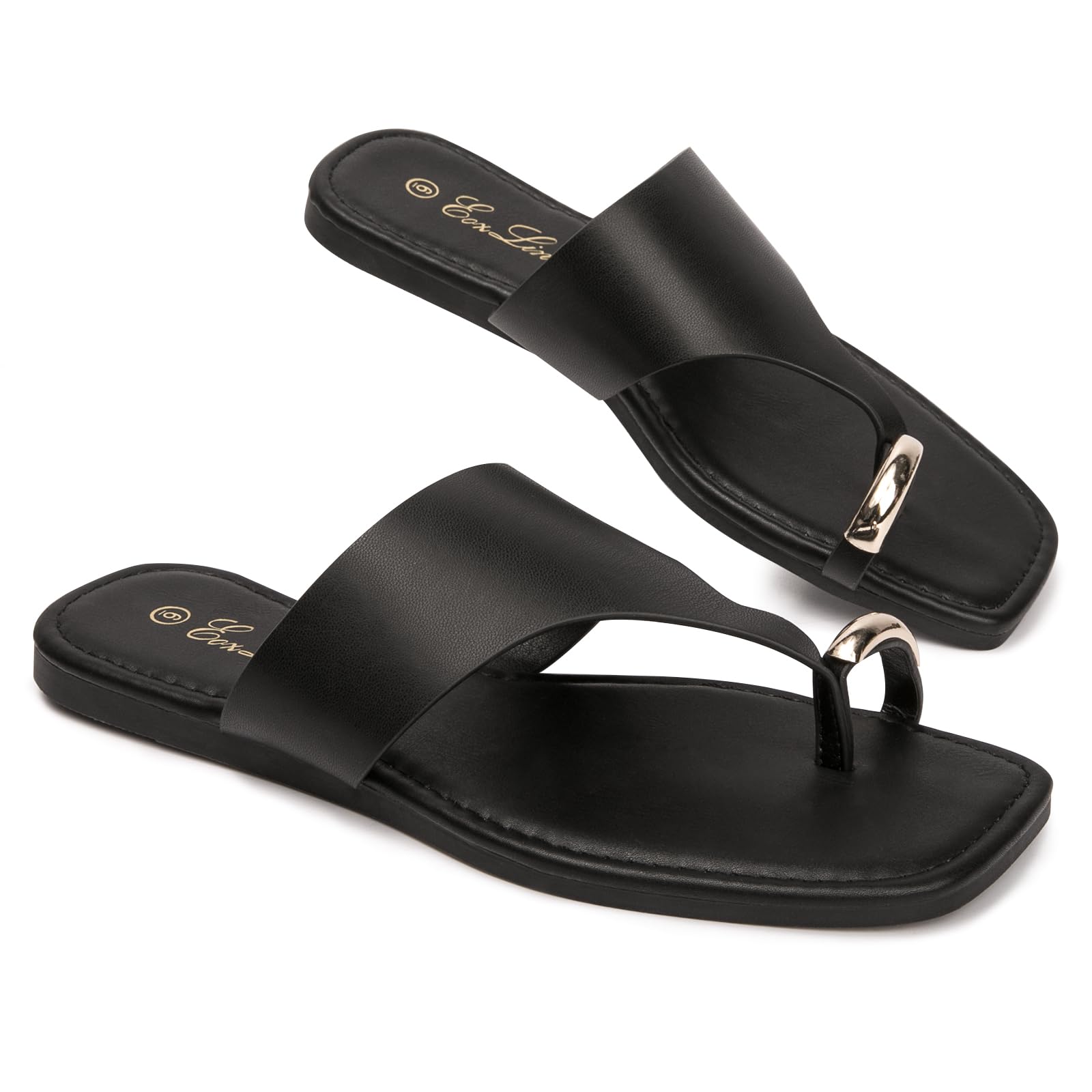 Eozlink Women's Toe Ring Flat Sandals, Slip On Dressy Summer Slides | PU Upper with Square Toe and Metal Accent for Resort and Casual Outfits