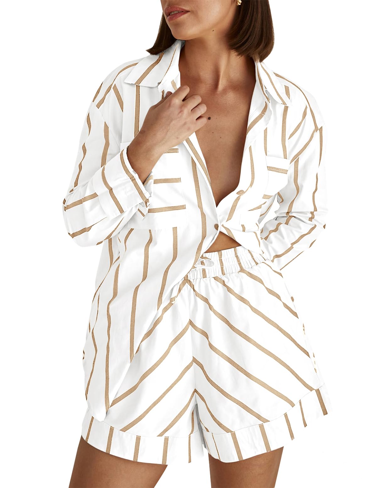 Women's Striped 2 Piece Outfits Casual Oversized Button Down Shirts and Short Lounge Pajamas Set