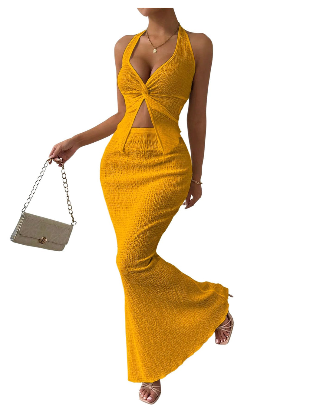 SOLY HUX Women's 2 Piece Outfit Twist Front Halter Cami Skirt Summer Set | Summer Vacation Outfits, Maxi Skirt Set