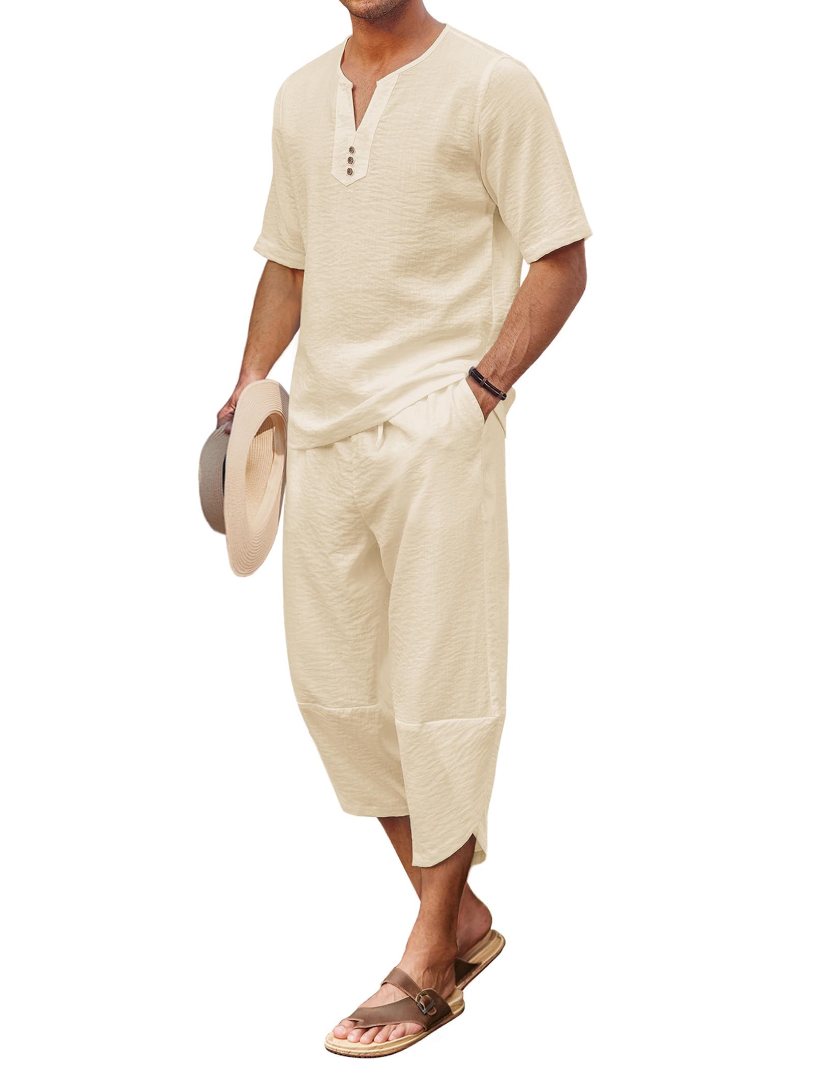 COOFANDY Men's 2 Pieces Linen Set Henley Shirt Short Sleeve and Harem Capri Pants Wide Leg Baggy Beach Yoga Trousers Outfits