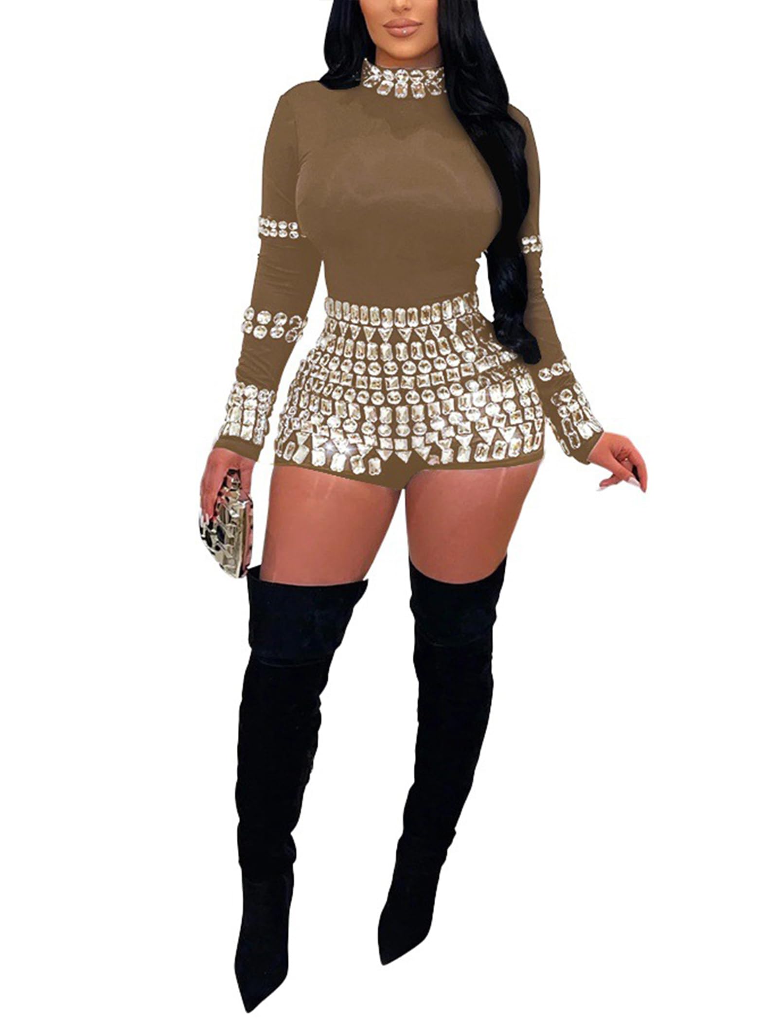 chicyes Women's Jumpsuits Sexy Long Sleeve Date Night Rompers Rhinestone Sparkly Party Club Spring Outfits Fall Concert