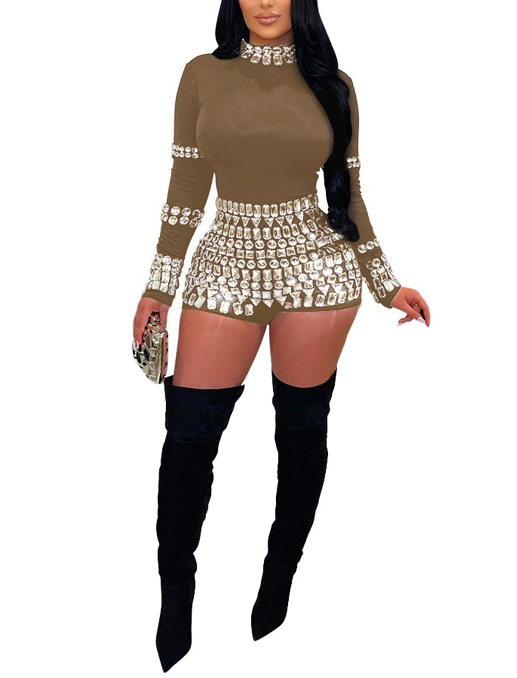 chicyes Women's Jumpsuits Sexy Long Sleeve Date Night Rompers Rhinestone Sparkly Party Club Spring Outfits Fall Concert