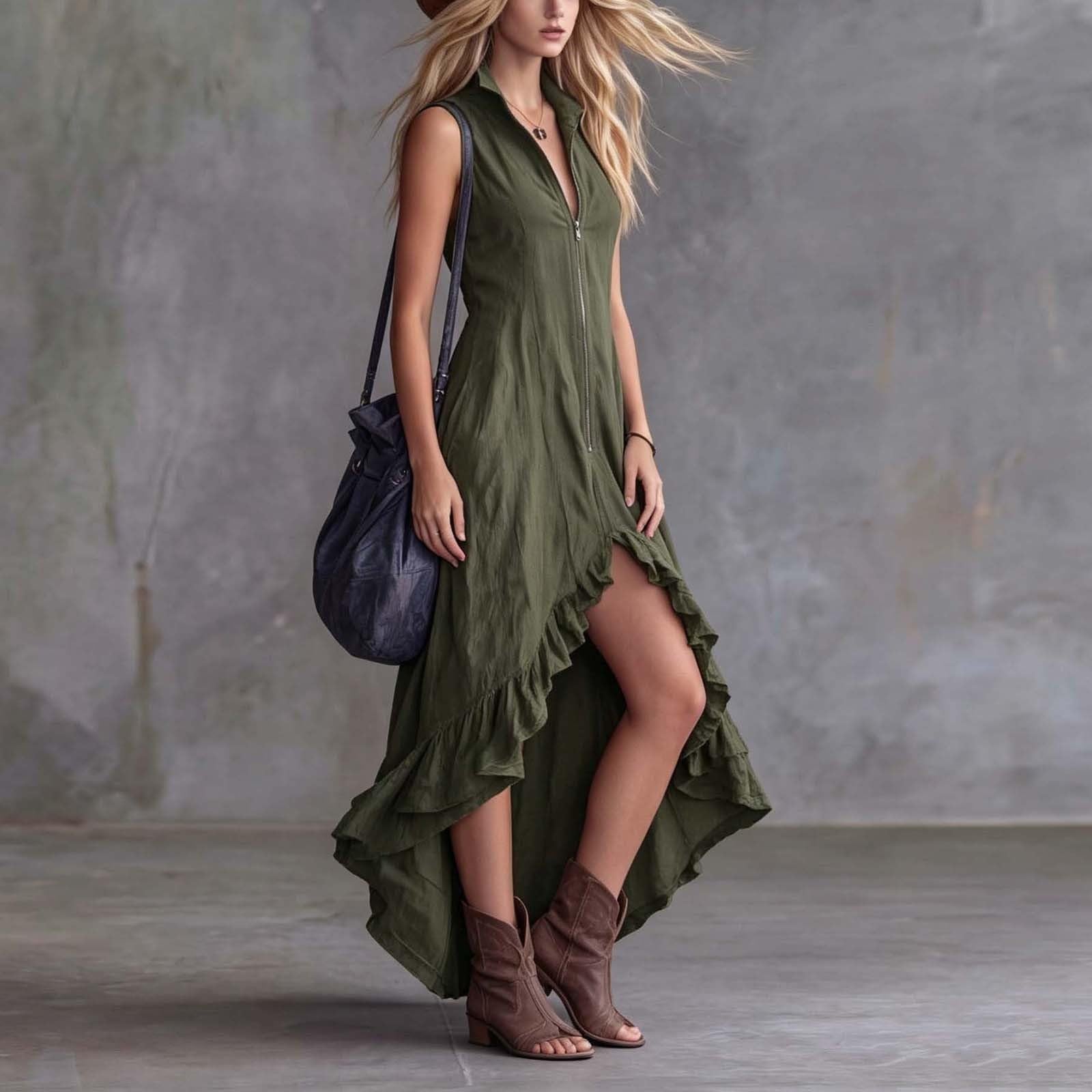 YMADREIG Boho Dresses for Women 2026 Cotton Linen Western Maxi Dress Summer Sleeveless High Low Ruffle Hem Dress with Pocket