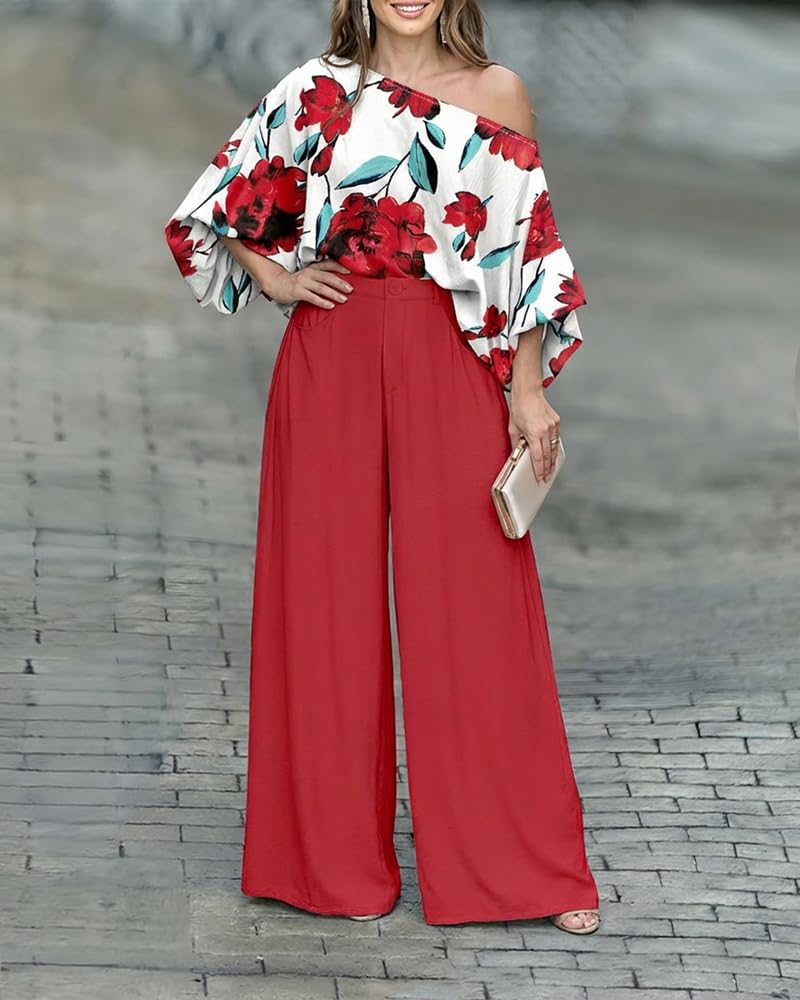 CHICME Women 2 Piece Summer Outfit Off Shoulder Flowy Wide Leg Pants Set | Off Shoulder, Lantern Sleeve Matching Set, 2 Piece Sets for Women Dressy, Vacation Travel Airport Outfits