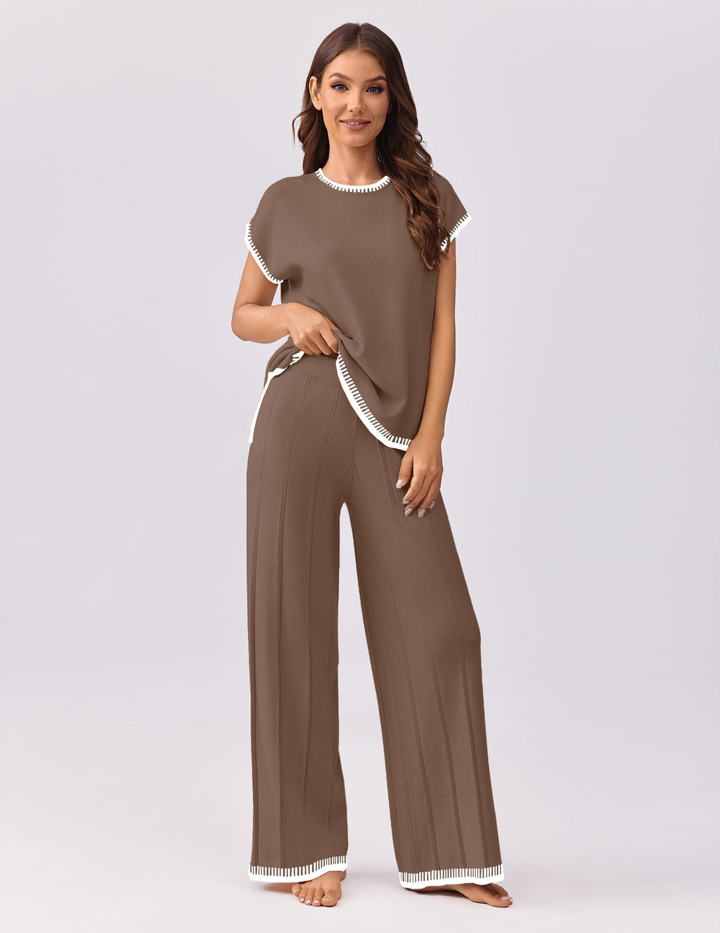 Ekouaer Womens Matching Sets Knit Sweater Sets 2 Pieces Lounge Set | Pullover Tops Wide Legs Pants Casual Outfits