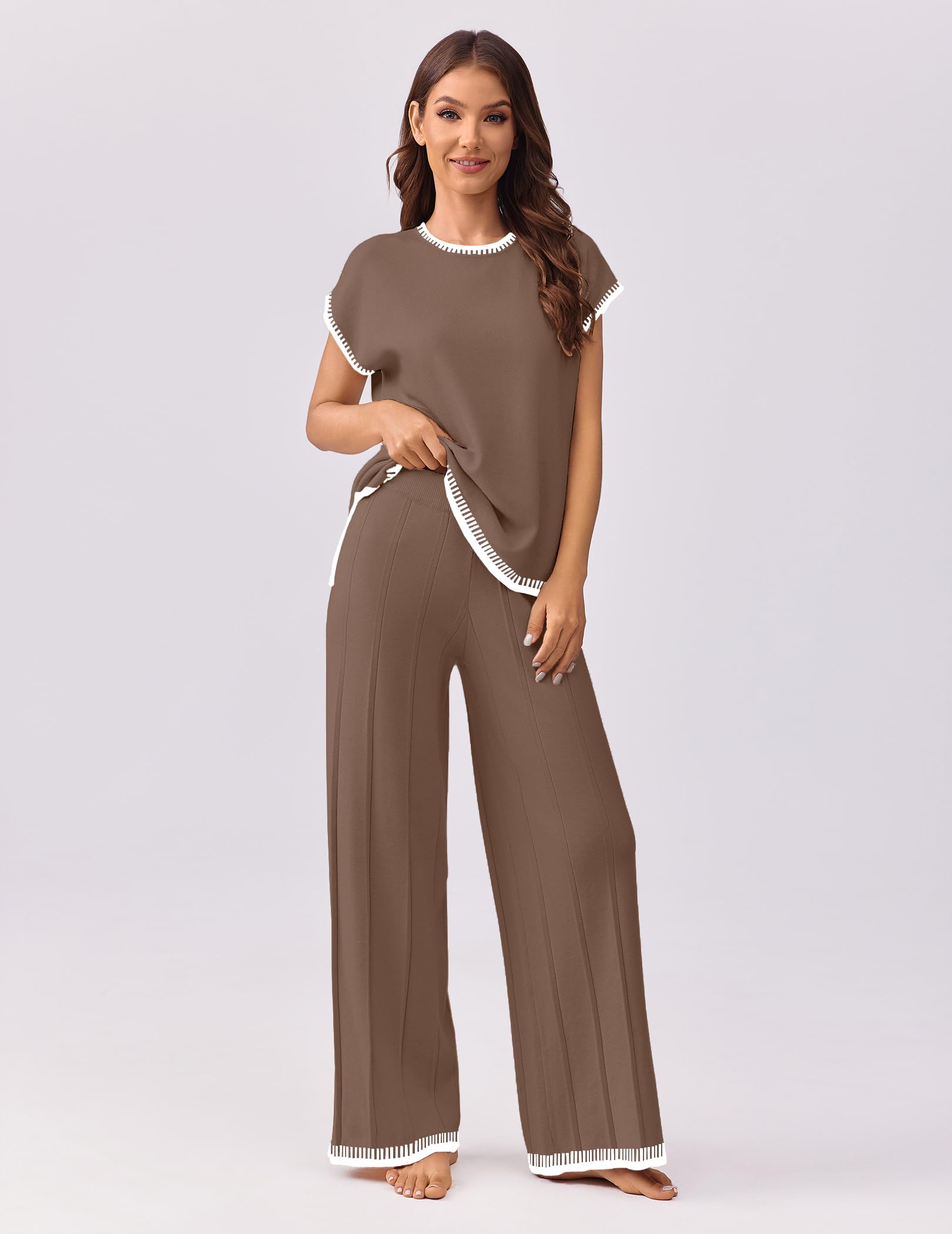 Ekouaer Womens Matching Sets Knit Sweater Sets 2 Pieces Lounge Set | Pullover Tops Wide Legs Pants Casual Outfits