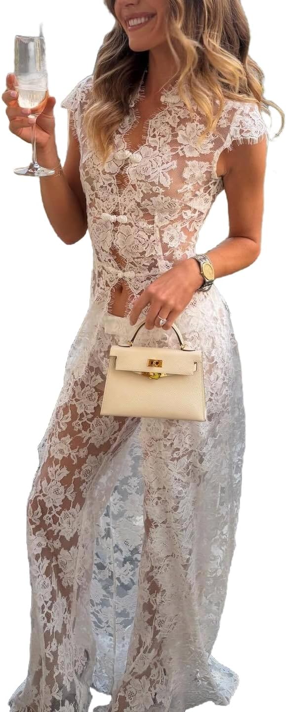 THLAI 2 Piece Outfits for Women Lace See Through V Neck Cap Sleeve Dress-Style Top and Wide Leg Pants Vacation Outfits