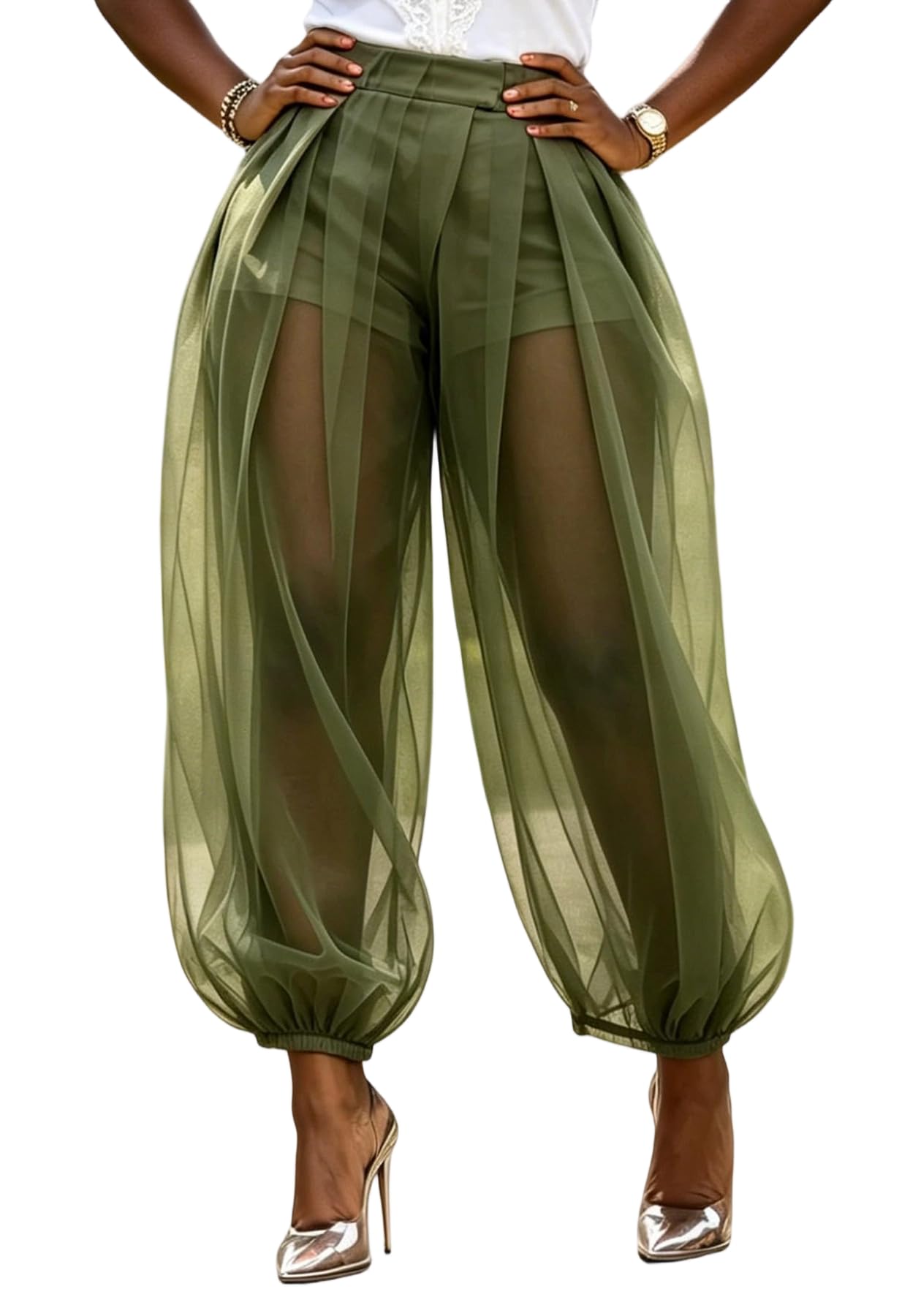 Molisry Women Sheer Mesh Pants Bubble Tulle Patchwork Pants Balloon Trouser | Loose Fit Cover Up Trousers,Built In Shorts Lining