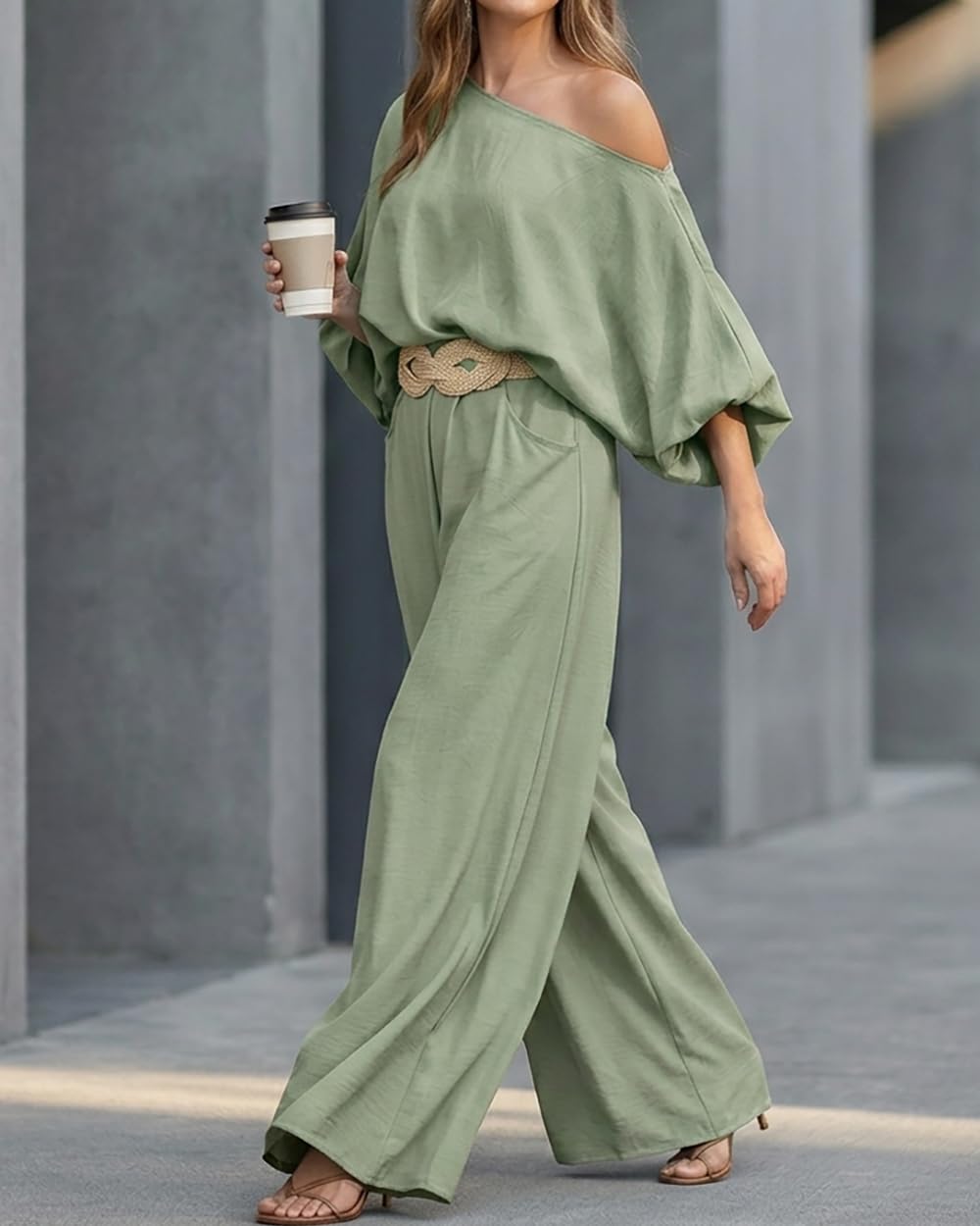 CHICME Women 2 Piece Summer Outfit Off Shoulder Flowy Wide Leg Pants Set | Off Shoulder, Lantern Sleeve Matching Set, 2 Piece Sets for Women Dressy, Vacation Travel Airport Outfits