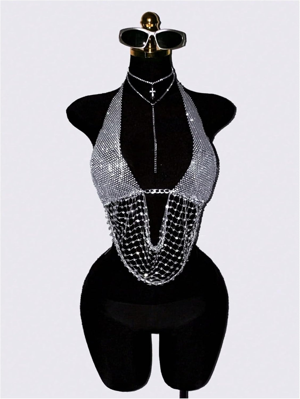 OYOANGLE Women's Metallic Rhinestone Mesh Halter Top Backless Rave Crop Top | Metallic, Rhinestone, Mesh, Halter, Sexy, Deep V Neck, Backless, Rave Top, Party Top, Club Crop Tops