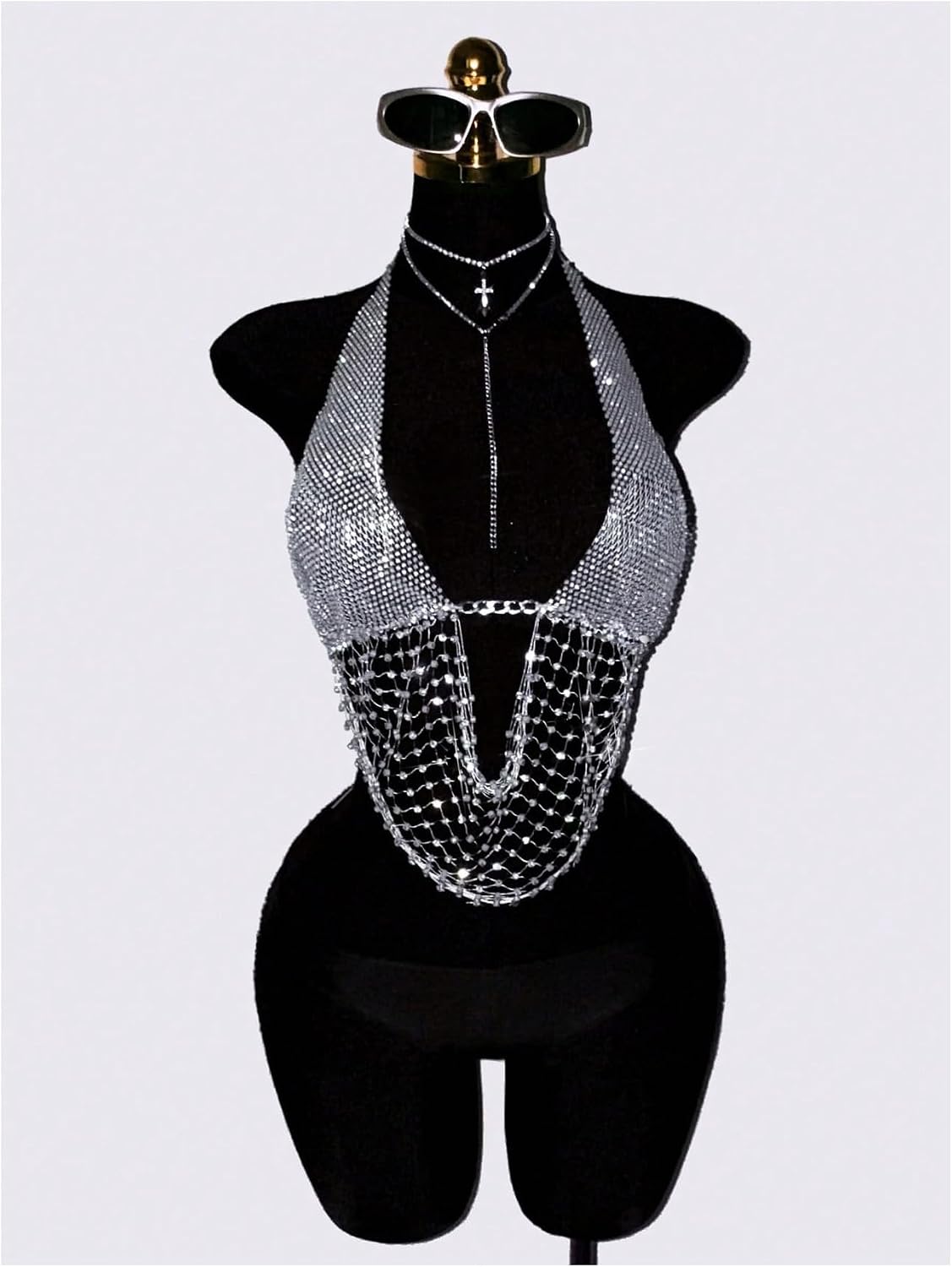 OYOANGLE Women's Metallic Rhinestone Mesh Halter Top Backless Rave Crop Top | Metallic, Rhinestone, Mesh, Halter, Sexy, Deep V Neck, Backless, Rave Top, Party Top, Club Crop Tops
