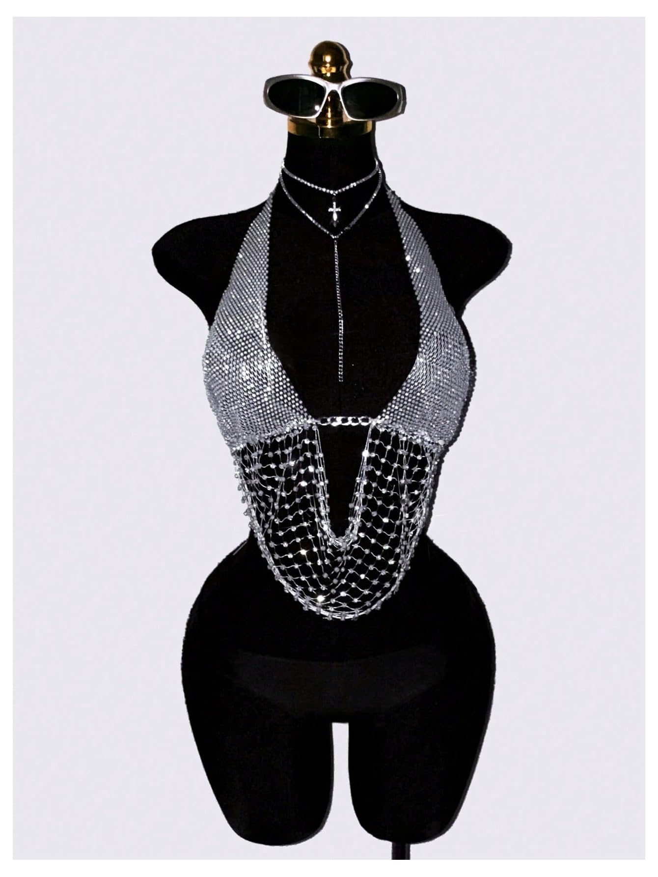OYOANGLE Women's Metallic Rhinestone Mesh Halter Top Backless Rave Crop Top | Metallic, Rhinestone, Mesh, Halter, Sexy, Deep V Neck, Backless, Rave Top, Party Top, Club Crop Tops