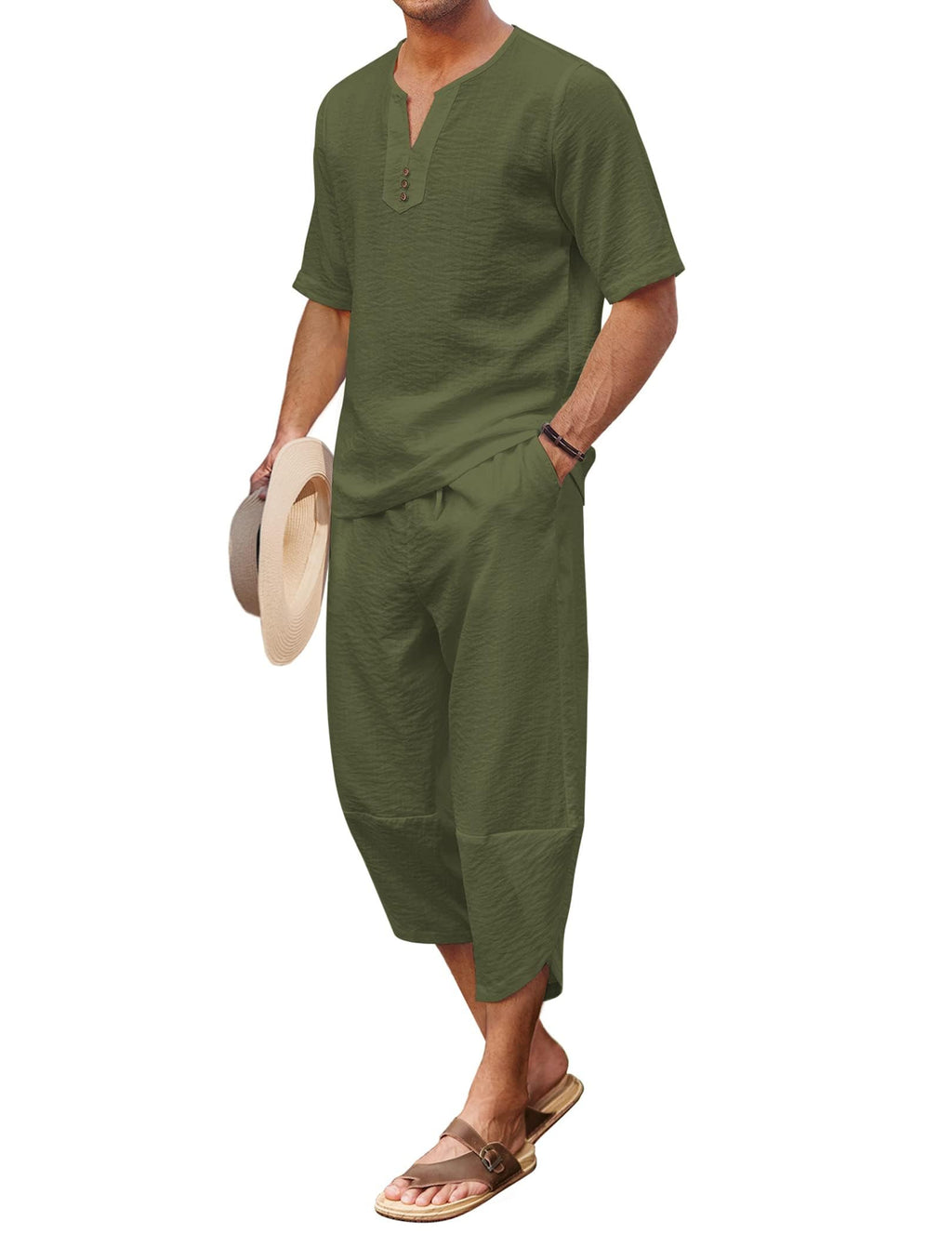 COOFANDY Men's 2 Pieces Linen Set Henley Shirt Short Sleeve and Harem Capri Pants Wide Leg Baggy Beach Yoga Trousers Outfits