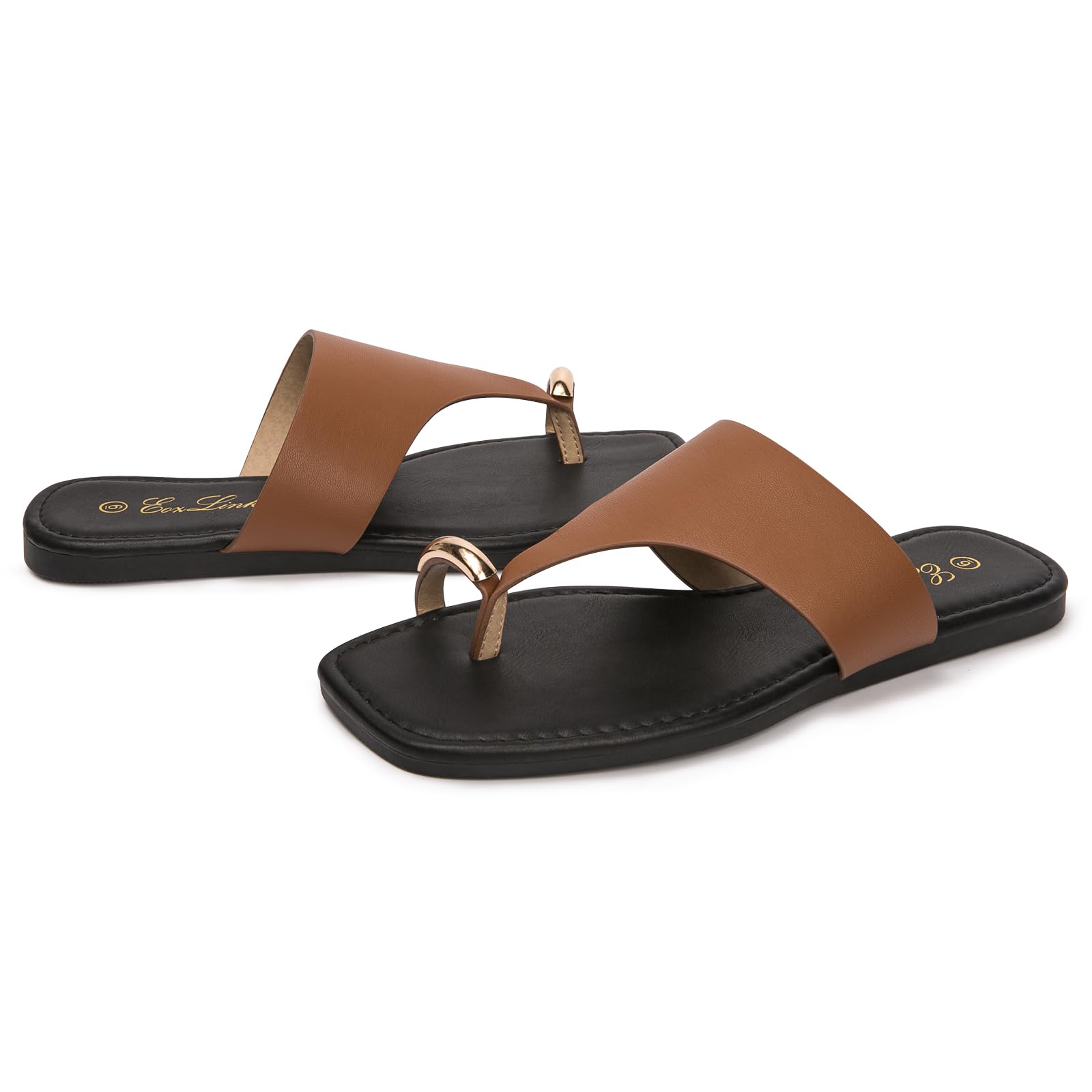 Eozlink Women's Toe Ring Flat Sandals, Slip On Dressy Summer Slides | PU Upper with Square Toe and Metal Accent for Resort and Casual Outfits