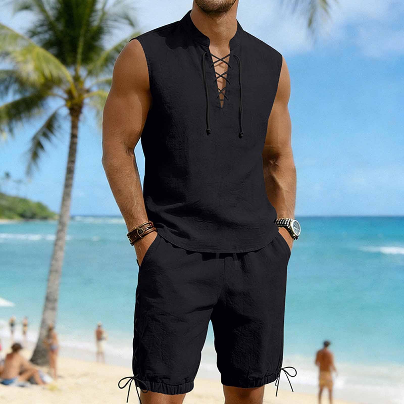 Cambkatl 2 Piece Outfits for Men Lightweight Linen Shorts Set Laceup V Neck Sleeveless Tank Top Matching Sets with Pockets