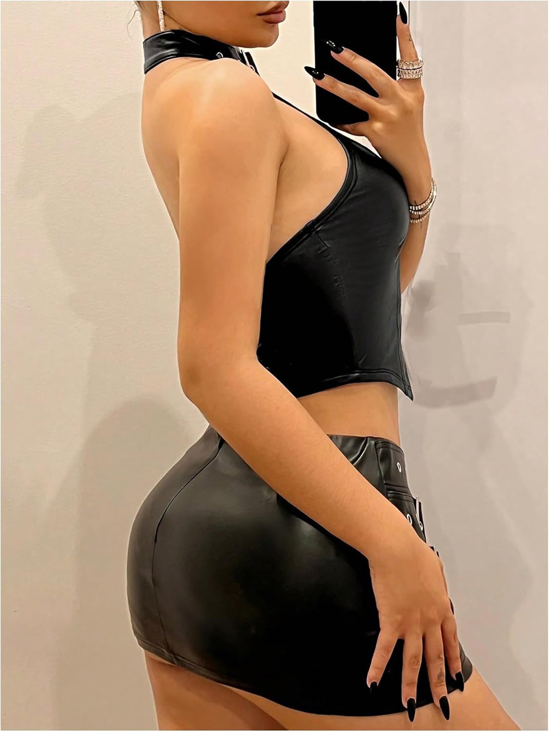 OYOANGLE Women's Leather Asymmetrical Halter Top | Y2k Backless Buckle Zipper Front Crop Tank Tops, Party, Rave Concert, Clubwear