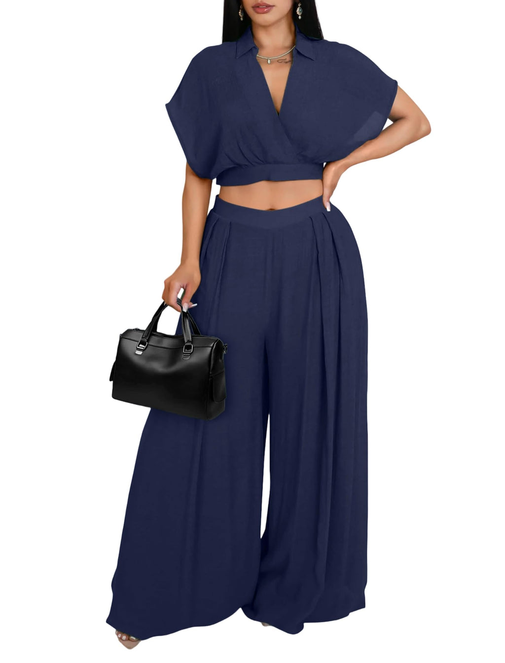Ekaliy Women Two Piece Crop Top Flowy Wide Leg Pants Set Summer Outfits | Lightweight breathable fabric,batwing V-neck crop top,elastic waist wide leg lined pants with pockets for casual wear.
