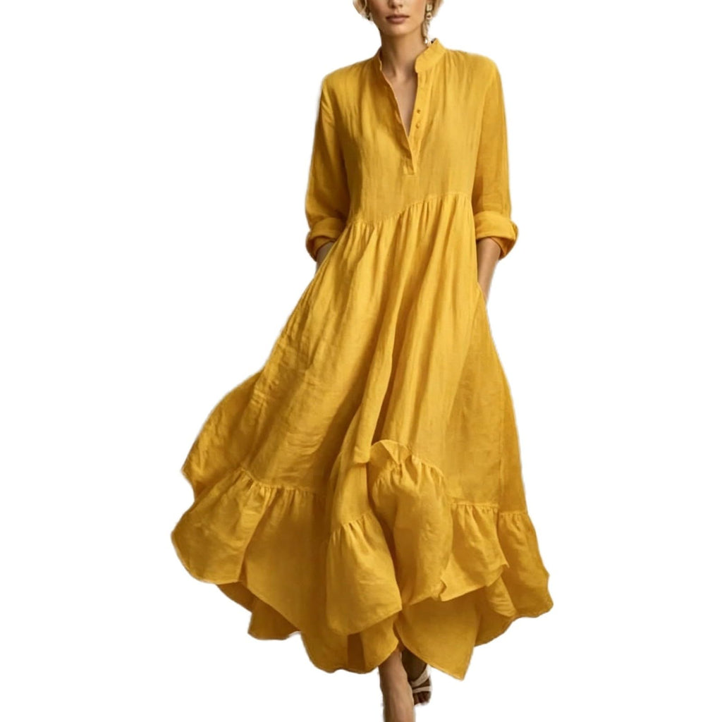Women Maxi Dress Stand Collar Button Front Pocket Beach Vacation Casual | Flowy maxi dress stand collar, button front, functional pockets, long lantern sleeves, A-line skirt, beach vacation daily