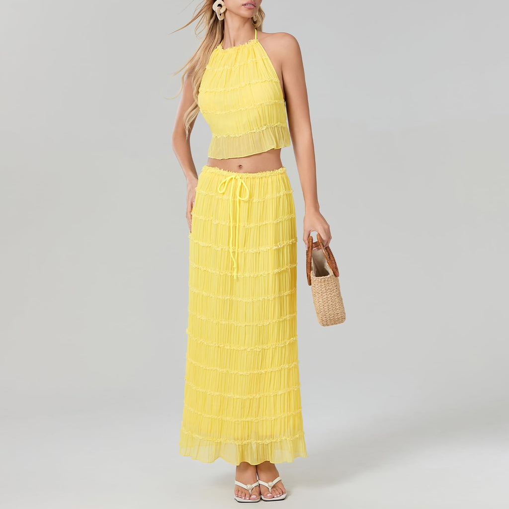 Women Y2K Skirt Set Outfits Strapless Crop Top Bodycon Midi Skirt Dress Sexy 2 Piece Knit Outfits Skirt Summer