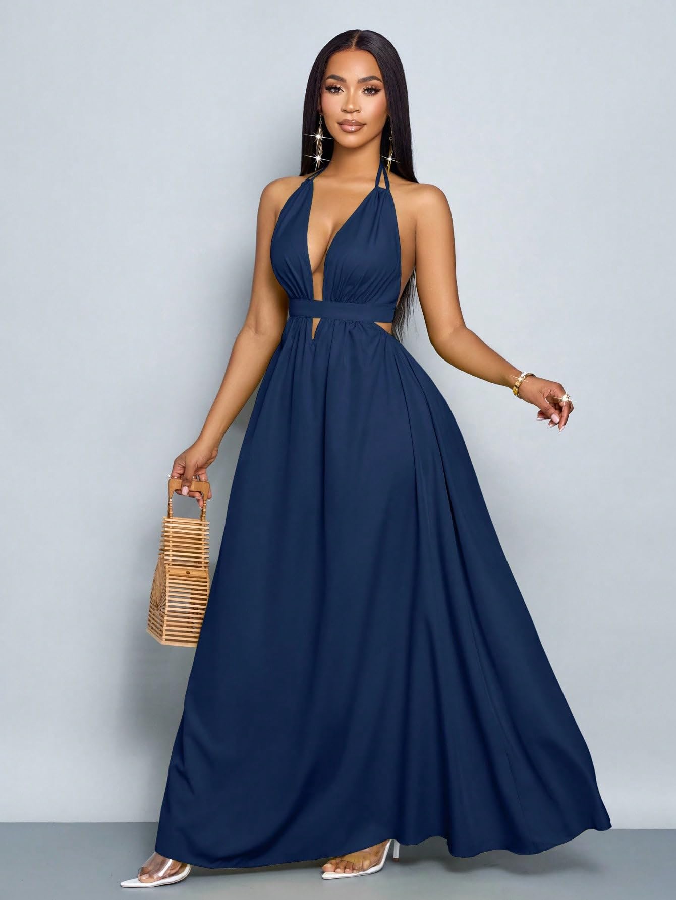 SKAYS Women's Summer Backless Tie-Waist Dress Solid Color Sexy V-Neck Beach Vacation Maxi Dress Formal Party Dress