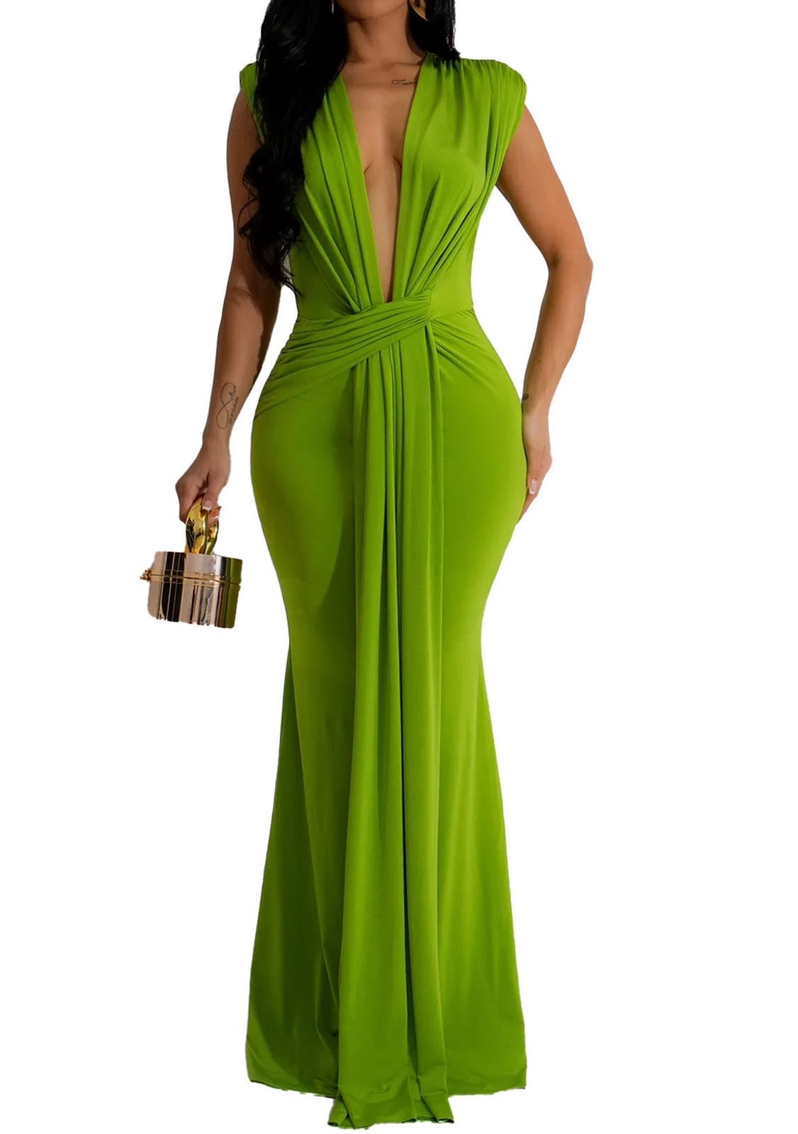 Yuopeid Women's Sexy Sleeveless Deep V Neck Fashion Ruched Bodycon Floor Length Formal Evening Party Maxi Long Dress