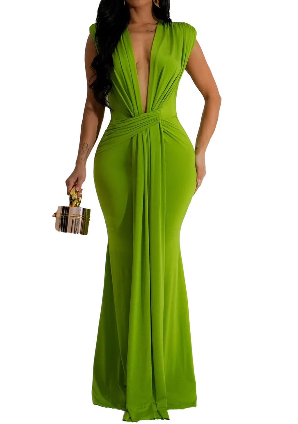 Yuopeid Women's Sexy Sleeveless Deep V Neck Fashion Ruched Bodycon Floor Length Formal Evening Party Maxi Long Dress