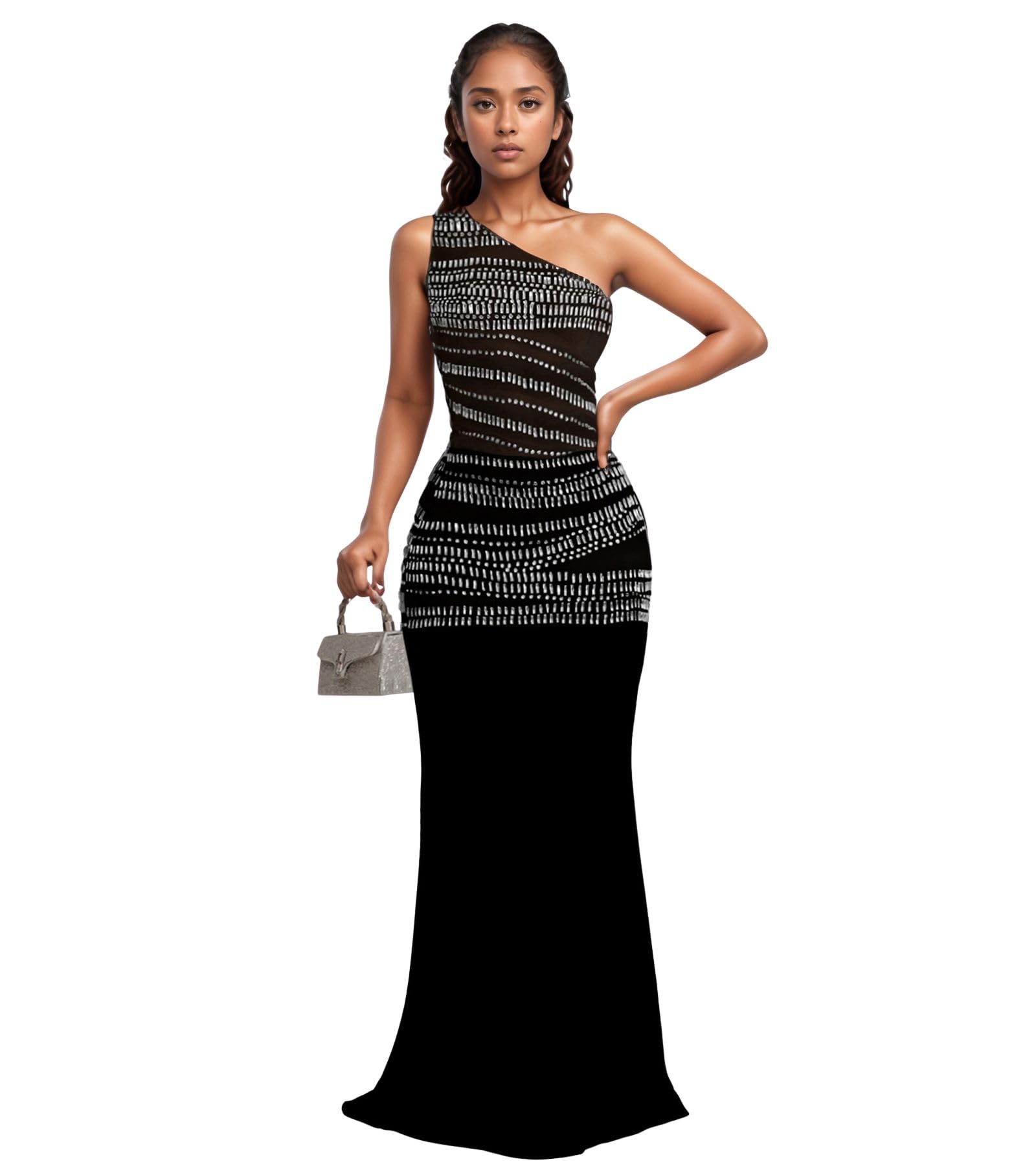PORRCEY Women's Sexy Rhinestone Mesh See Through Party Night Prom Dress