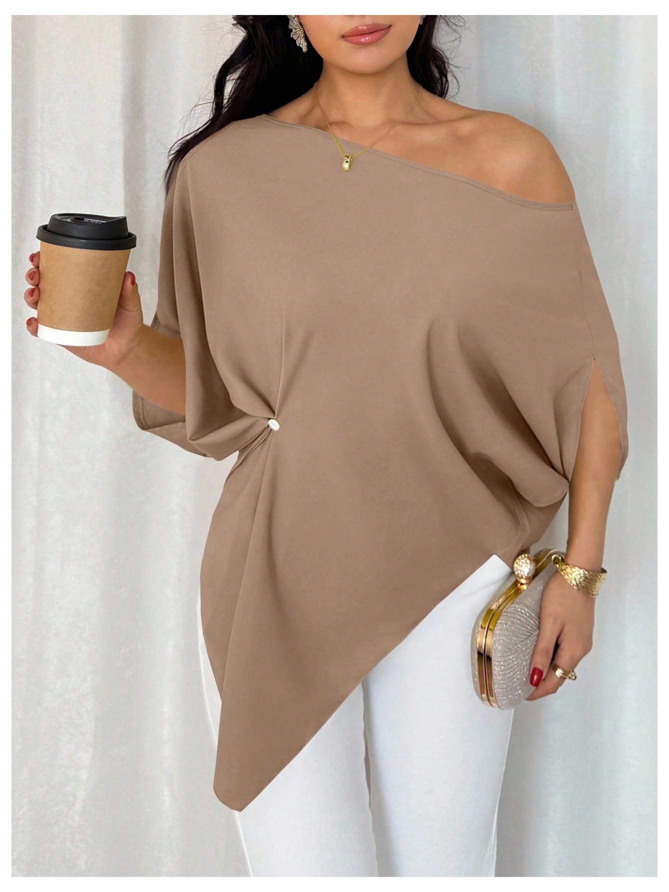 SHENHE Women's Off Shoulder Dolman Sleeve Blouses Asymmetrical Flowy Tops | Casual, Loose, Blouses With Waist Pleats, Asymmetrical, Elegant