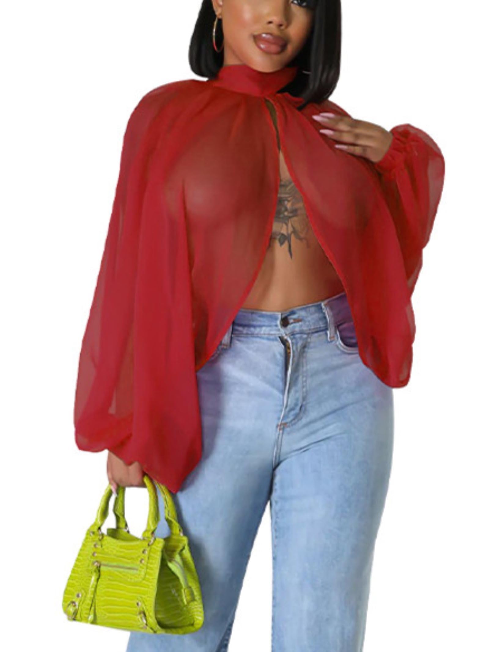 Sexy Tops for Women Party Club Night Batwing Sleeve Chiffon Blouse | Floral Print Blouse Shirts,Puff Sleeve,Going out Tops,Front Open Style,Lantern Sleeve Boho Chiffon Fall Tops 2026