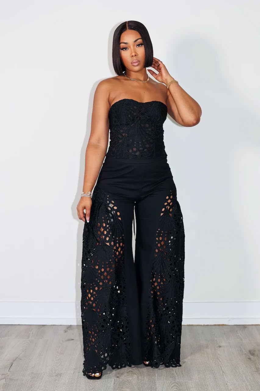 Mandonce 2 Piece Sets for Women Off Shoulder Lace Tube Top and Lace Flowy Wide Leg Pants Beach Vacation Sexy Outfit Going Out