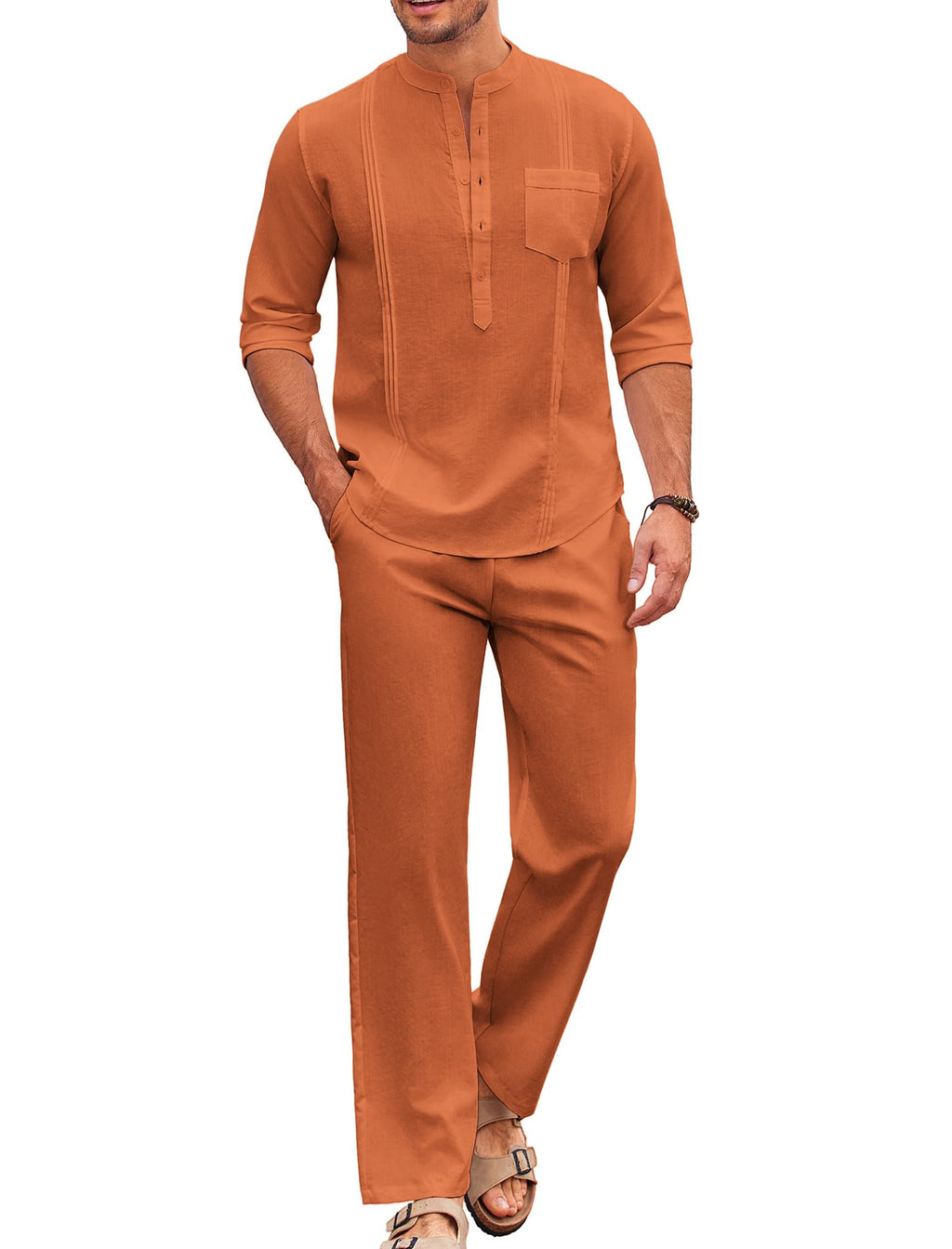 COOFANDY Men's 2 Piece Cotton Sets Casual Long Sleeve Cuban Henley Shirt and Loose Pants Set Beach Vacation Outfits