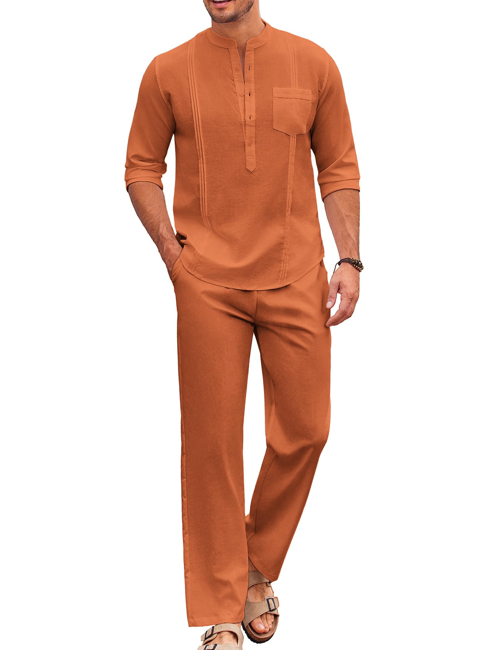 COOFANDY Men's 2 Piece Cotton Sets Casual Long Sleeve Cuban Henley Shirt and Loose Pants Set Beach Vacation Outfits