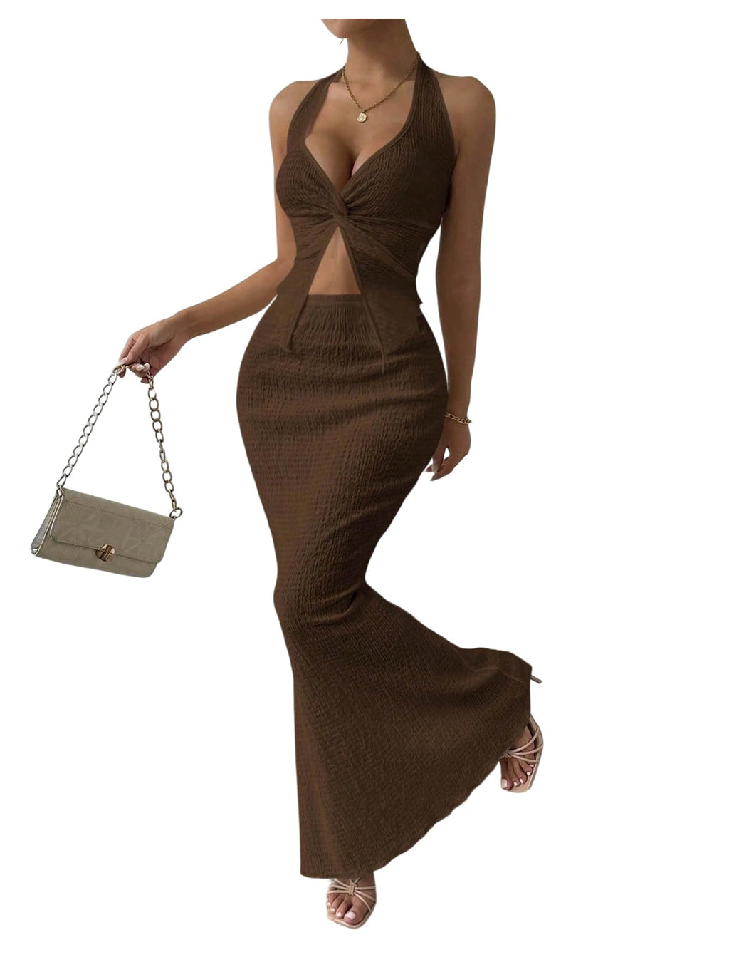 SOLY HUX Women's 2 Piece Outfit Twist Front Halter Cami Skirt Summer Set | Summer Vacation Outfits, Maxi Skirt Set