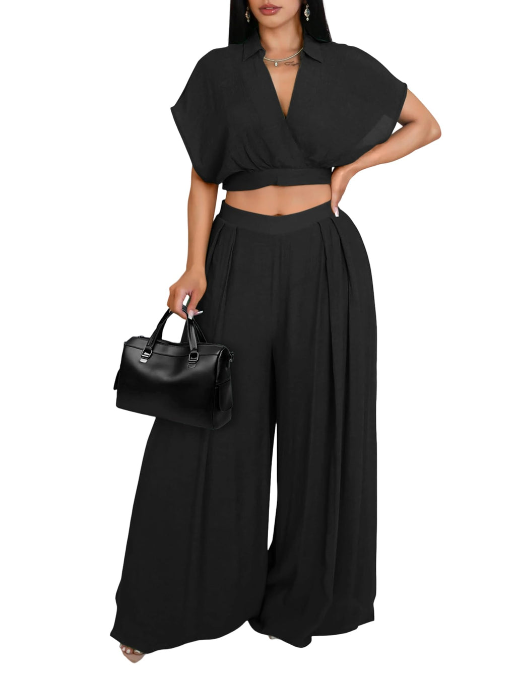 Ekaliy Women Two Piece Crop Top Flowy Wide Leg Pants Set Summer Outfits | Lightweight breathable fabric,batwing V-neck crop top,elastic waist wide leg lined pants with pockets for casual wear.