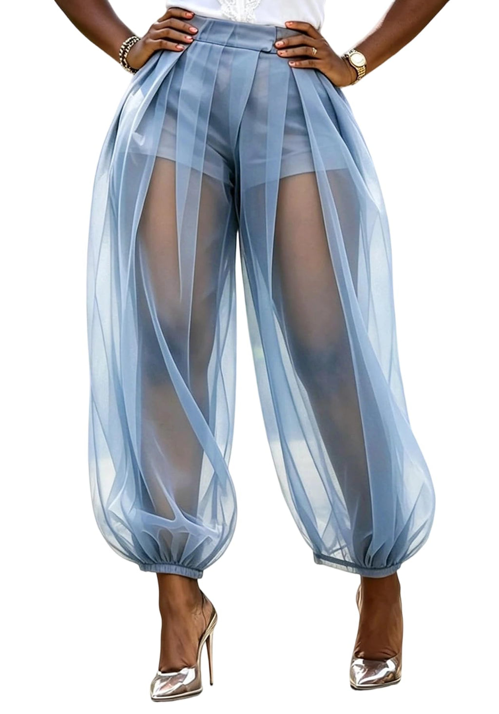Molisry Women Sheer Mesh Pants Bubble Tulle Patchwork Pants Balloon Trouser | Loose Fit Cover Up Trousers,Built In Shorts Lining