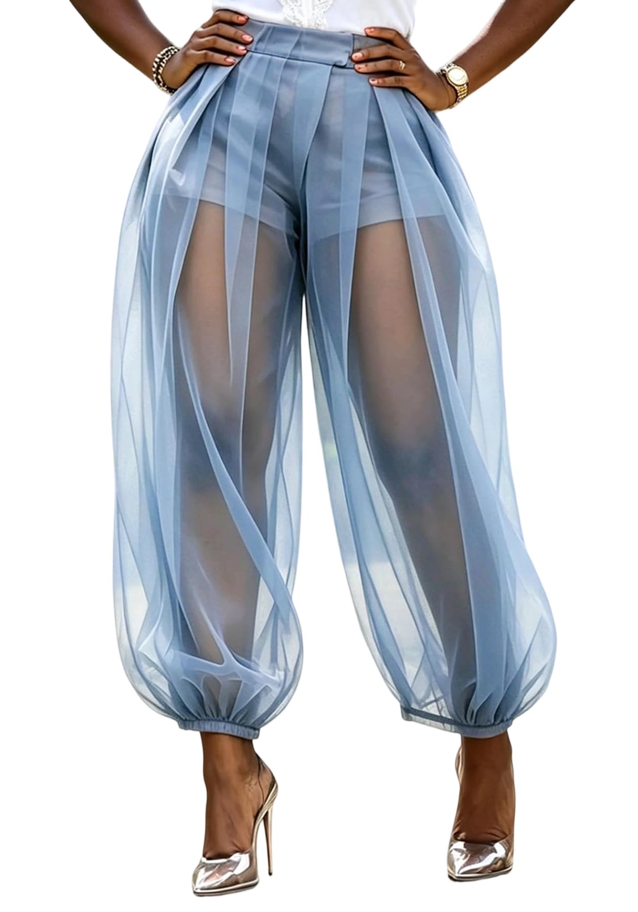 Molisry Women Sheer Mesh Pants Bubble Tulle Patchwork Pants Balloon Trouser | Loose Fit Cover Up Trousers,Built In Shorts Lining