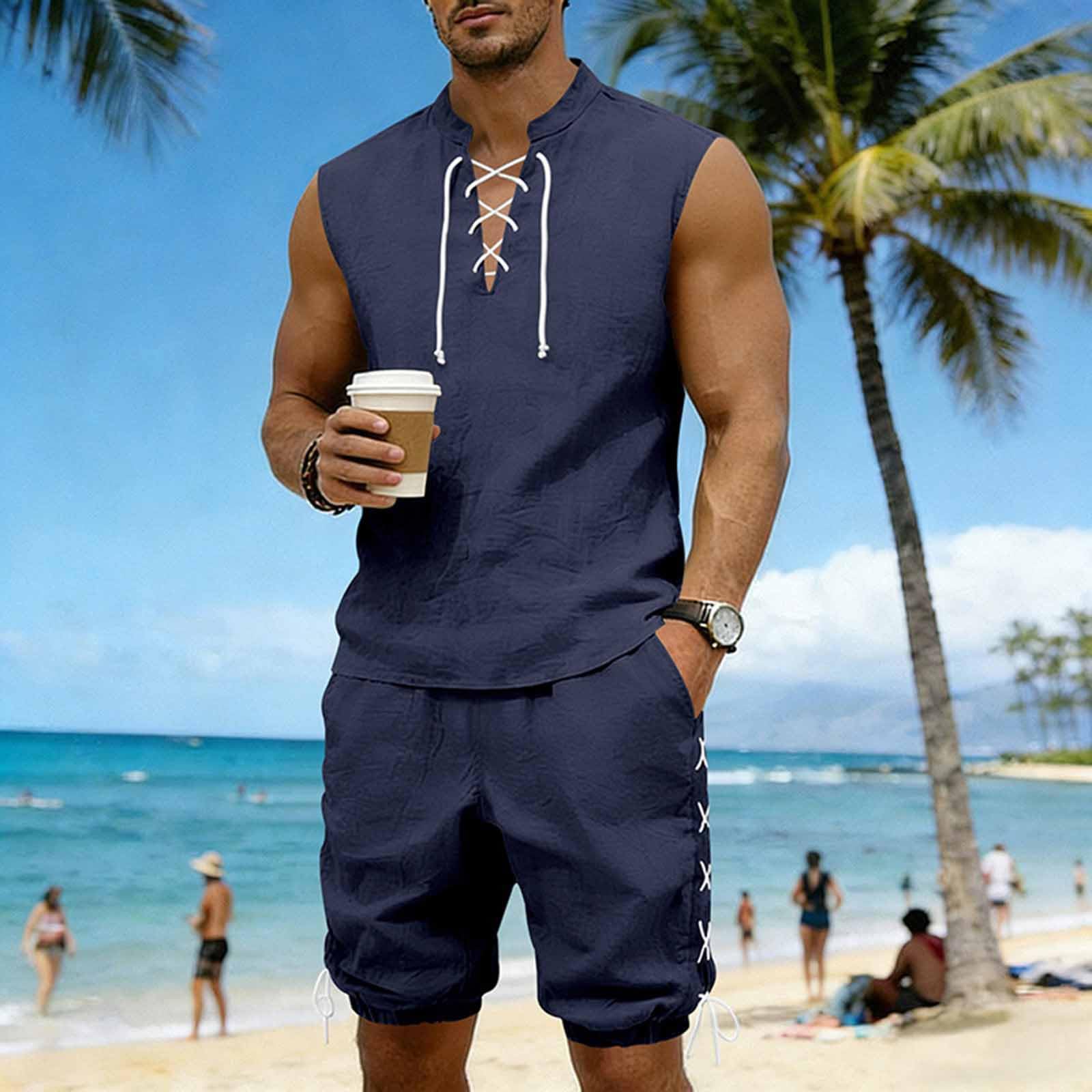 Cambkatl 2 Piece Outfits for Men Lightweight Linen Shorts Set Laceup V Neck Sleeveless Tank Top Matching Sets with Pockets