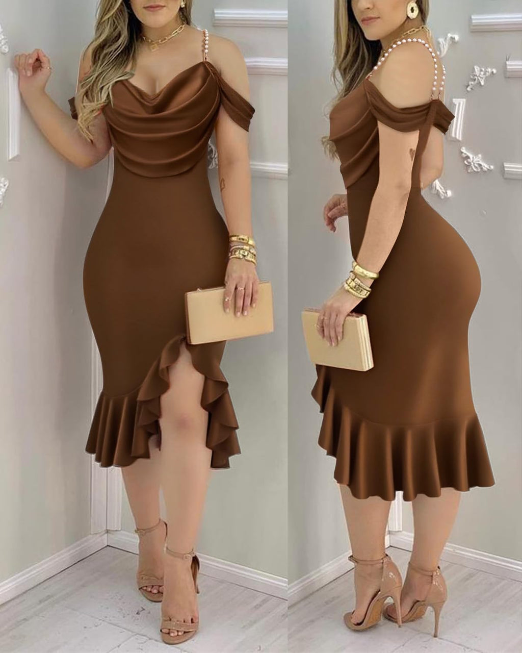 CHICME Womens Cocktail Dresses Pearls Strap Bodycon Midi Dress | Off Shoulder Design, Ruffle Hem Style, Soft Stretch Fabric, Birthday Party Wear, Wedding Guest Outfit, Date Night Look