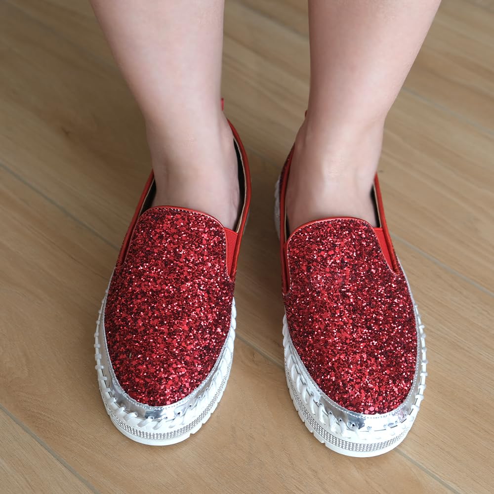 Women's Platform Rhinestones Glitter Fashion Sneakers Comfortable Slip On Flat Loafers Walking Wedding Dress Shoes Casual Shoes