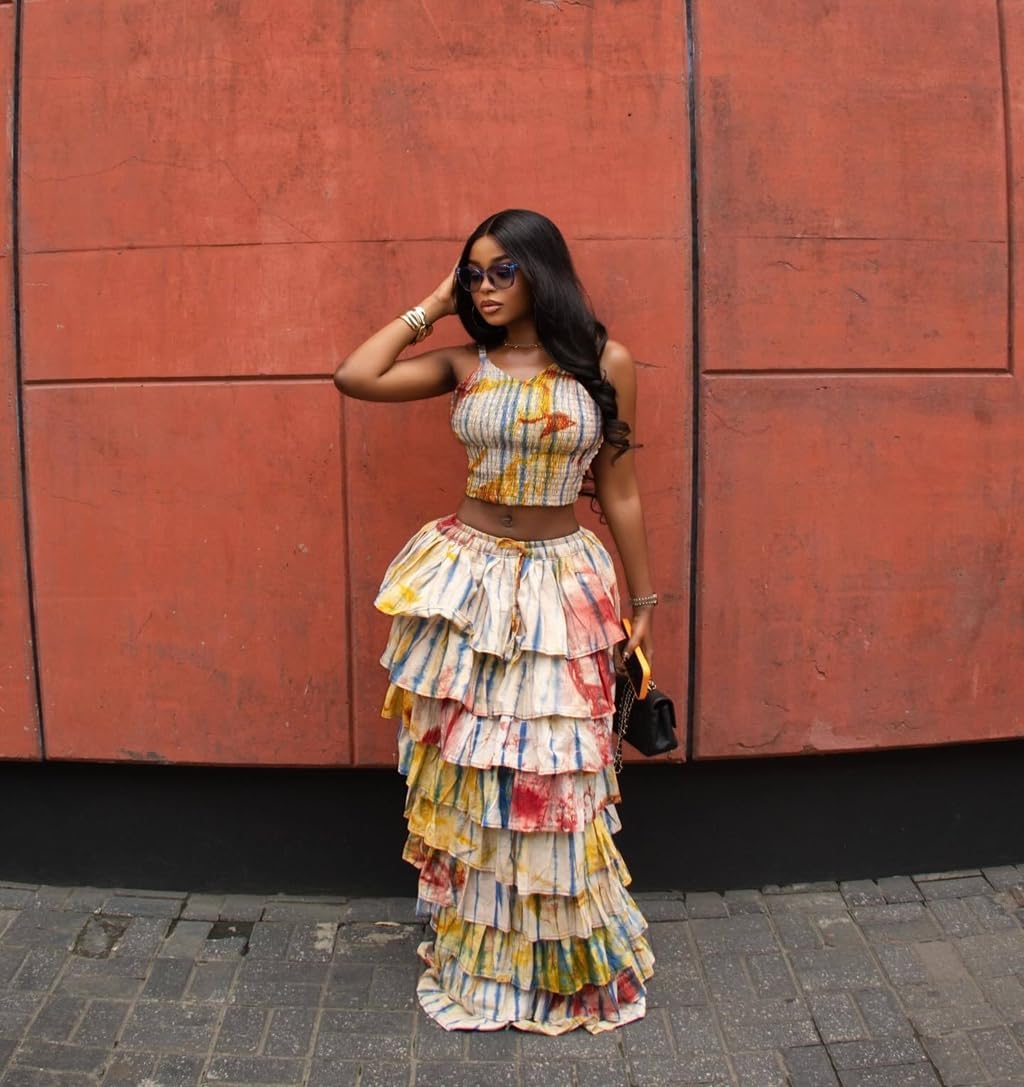 2 Piece Skirt Set Spaghetti Strap Crop Top Tiered Ruffle Maxi Skirt Vacation Outfits for Women