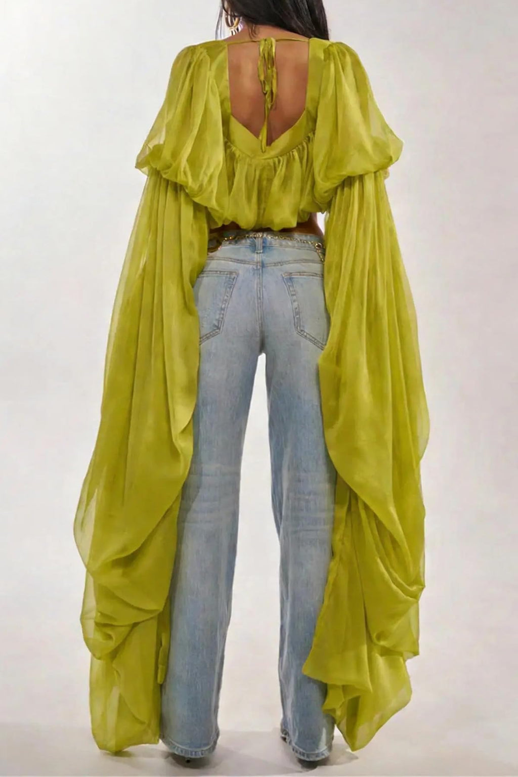 YOOTIKO Women Flowy Chiffon Crop Blouses Ruffle Long Bell Sleeve Tops | Trendy Square Neck Going Out Shirts,Elegant Evening Party Wear