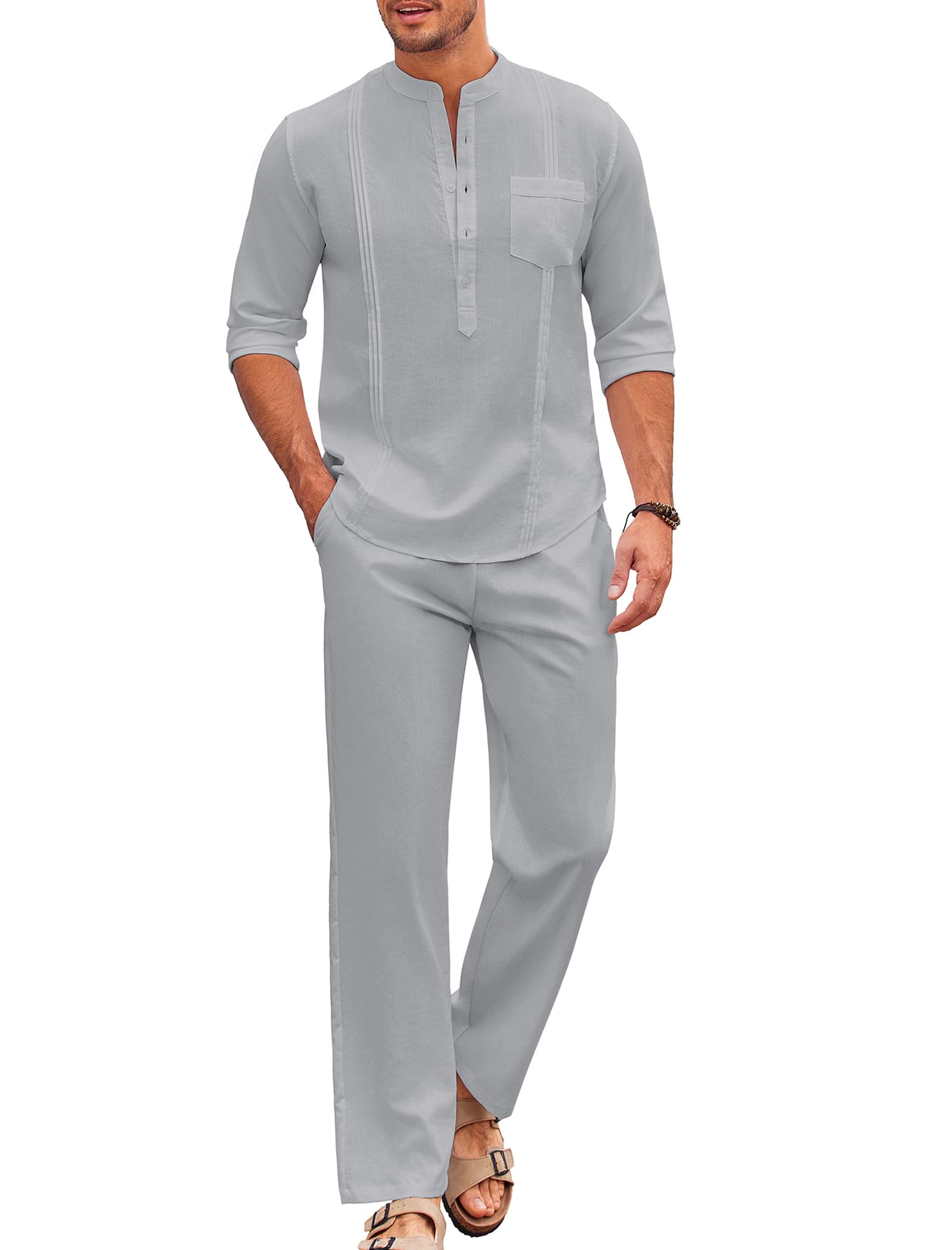 COOFANDY Men's 2 Piece Cotton Sets Casual Long Sleeve Cuban Henley Shirt and Loose Pants Set Beach Vacation Outfits