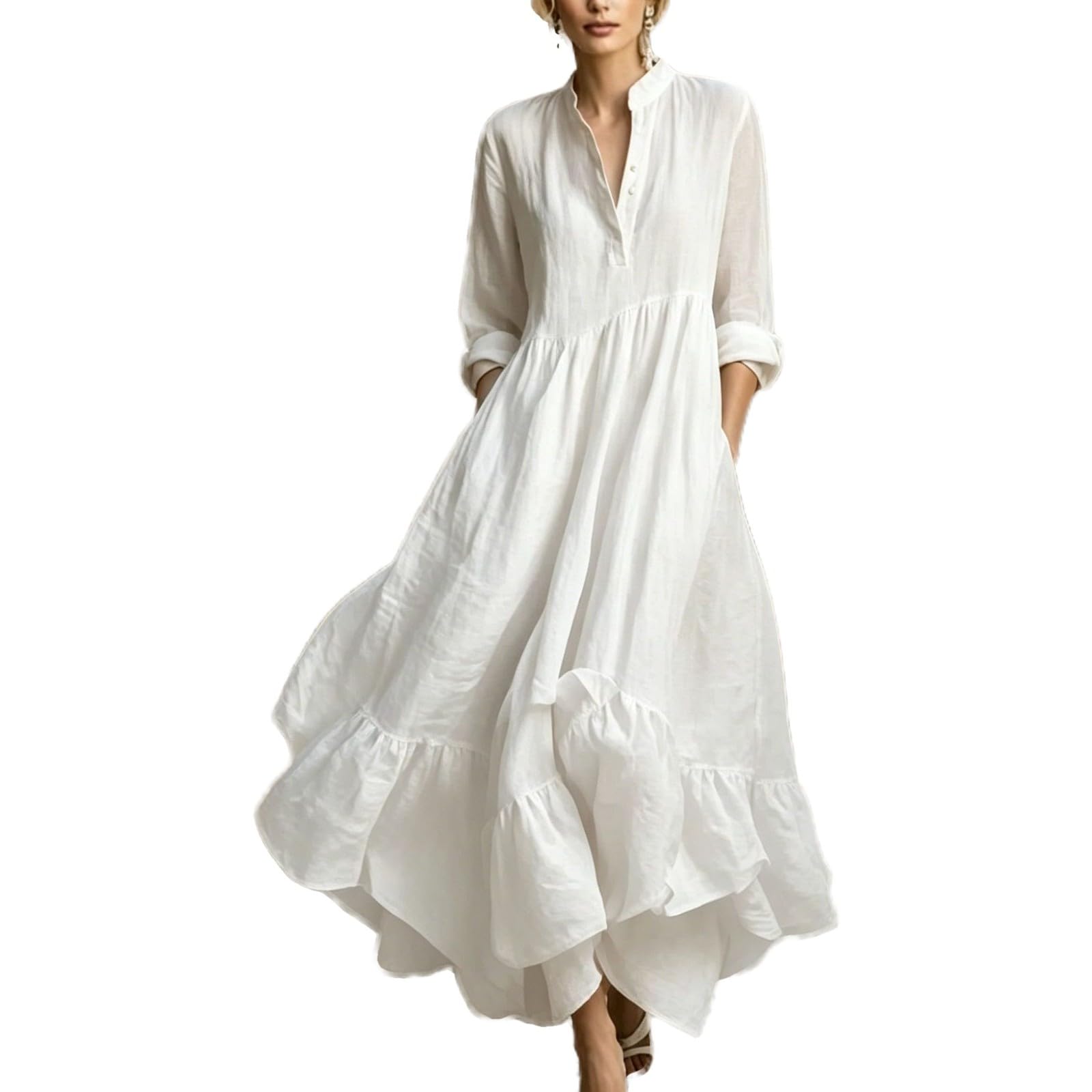 Women Maxi Dress Stand Collar Button Front Pocket Beach Vacation Casual | Flowy maxi dress stand collar, button front, functional pockets, long lantern sleeves, A-line skirt, beach vacation daily