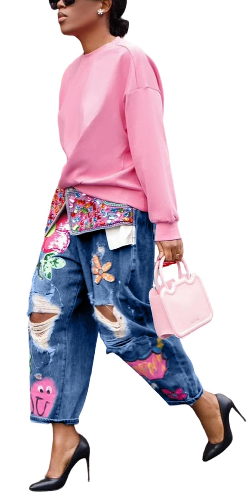 Women's Barrel Jeans Wide Leg High Waist Rhinestone Floral Horseshoe Ripped Baggy Cropped Jeans Denim Pants