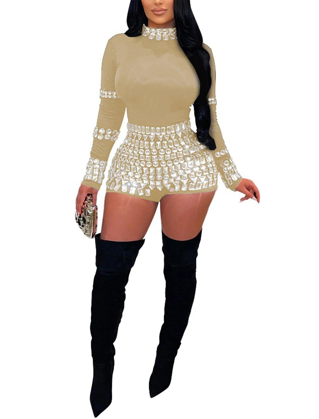 chicyes Women's Jumpsuits Sexy Long Sleeve Date Night Rompers Rhinestone Sparkly Party Club Spring Outfits Fall Concert