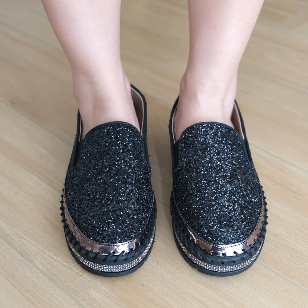 Women's Platform Rhinestones Glitter Fashion Sneakers Comfortable Slip On Flat Loafers Walking Wedding Dress Shoes Casual Shoes