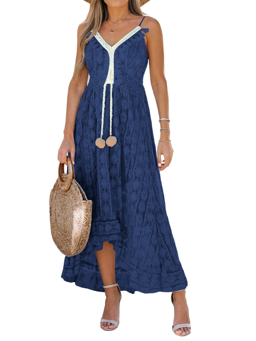 CUPSHE Womens Lace Summer Maxi Dresses 2026 Beach Wear | V Neck Spaghetti Straps Sundress, Tassel, Boho Pom Poms, Flowy Vacation Outfits, Resort Wear, Graduation Wedding Guest Looks