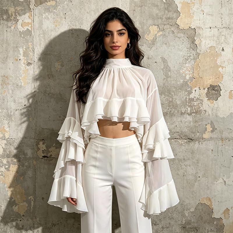 Women's White Sheer Chiffon Crop Top High Neck Layered Ruffle Flare Sleeve Blouse Elegant Casual Party Tops