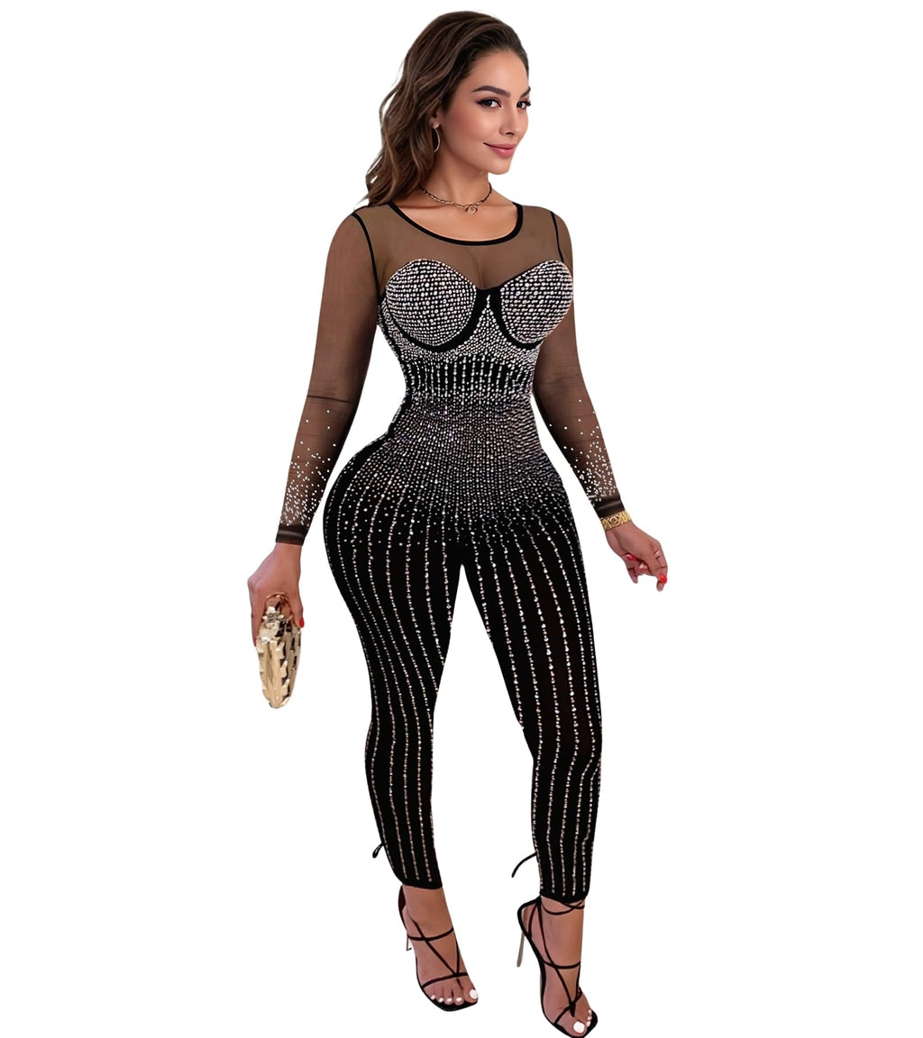 PORRCEY Sexy Rhinestone Jumpsuit for Women Mesh See Through Romper Clubwear